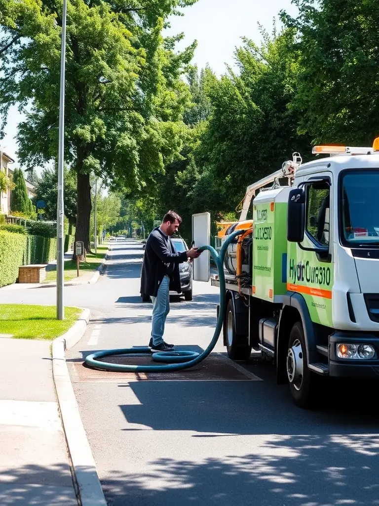 A ROM truck with a high-pressure hose extended, cleaning a sewer line in a suburban street in Île-de-France. The scene is bright and clean, showcasing the effectiveness of high-pressure cleaning.