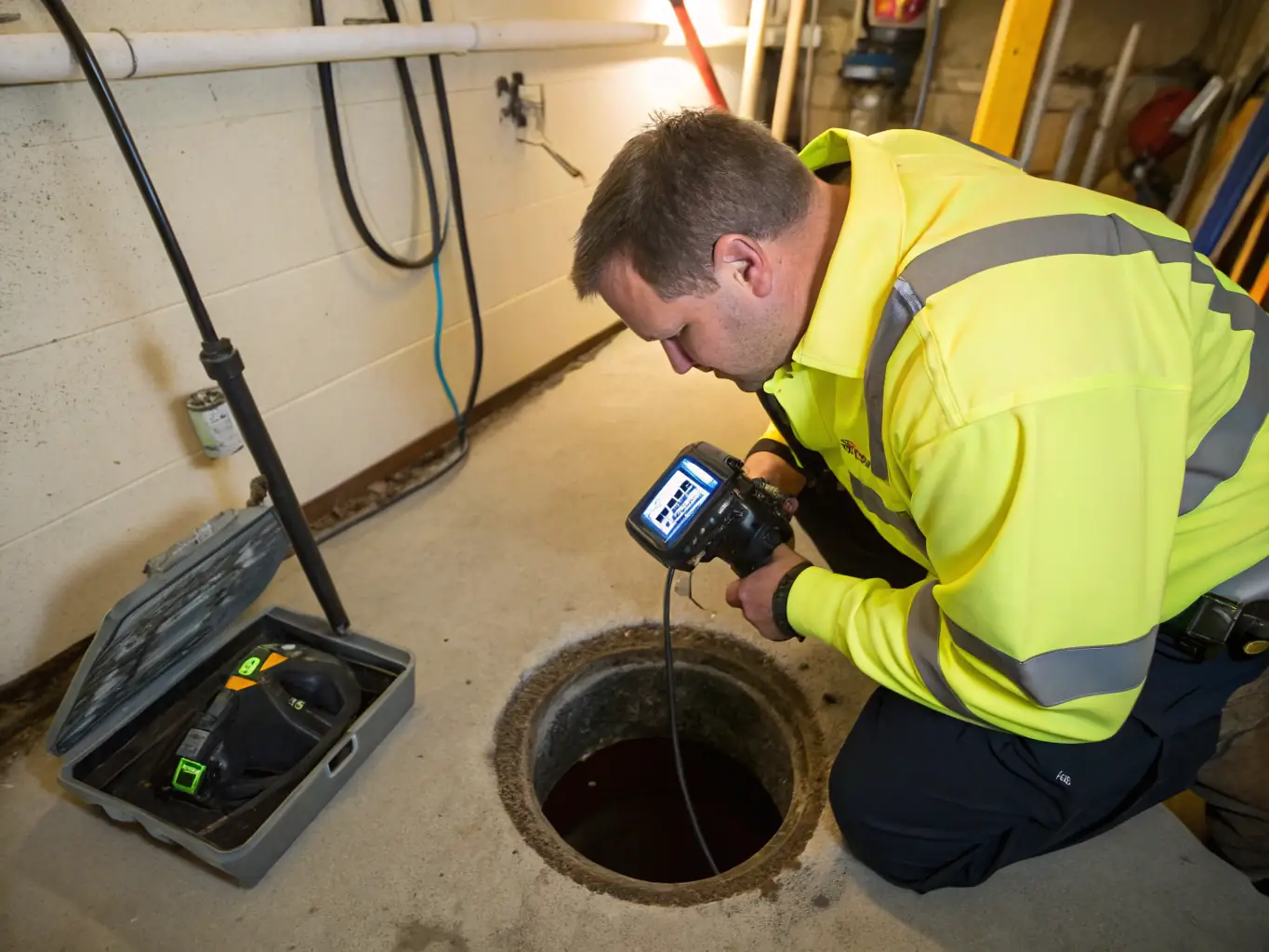 A technician using a cable machine to clear a clogged pipe, with water and debris being expelled, demonstrating Hydrocurage360's pipe unclogging service.