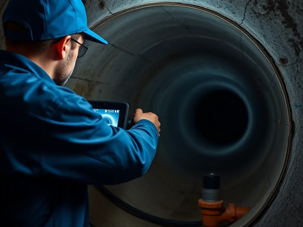 A technician inserting a camera into a pipe, with a monitor displaying detailed images of the pipe interior, illustrating Hydrocurage360's HD camera inspection service.