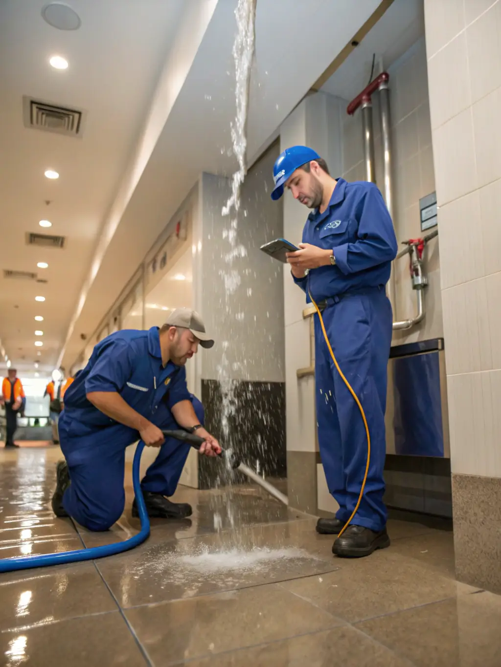 A photo showcasing Hydrocurage360's team working diligently on a plumbing issue, demonstrating their commitment to quality service.