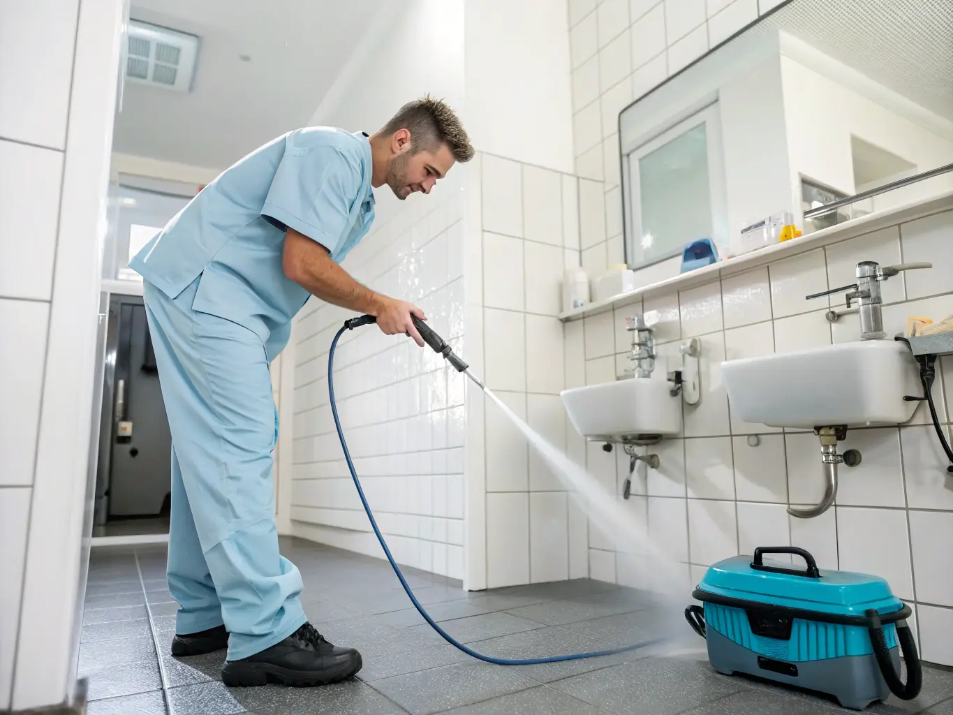 A technician using a high-pressure cleaning system on a commercial drain, highlighting the versatility of the service.