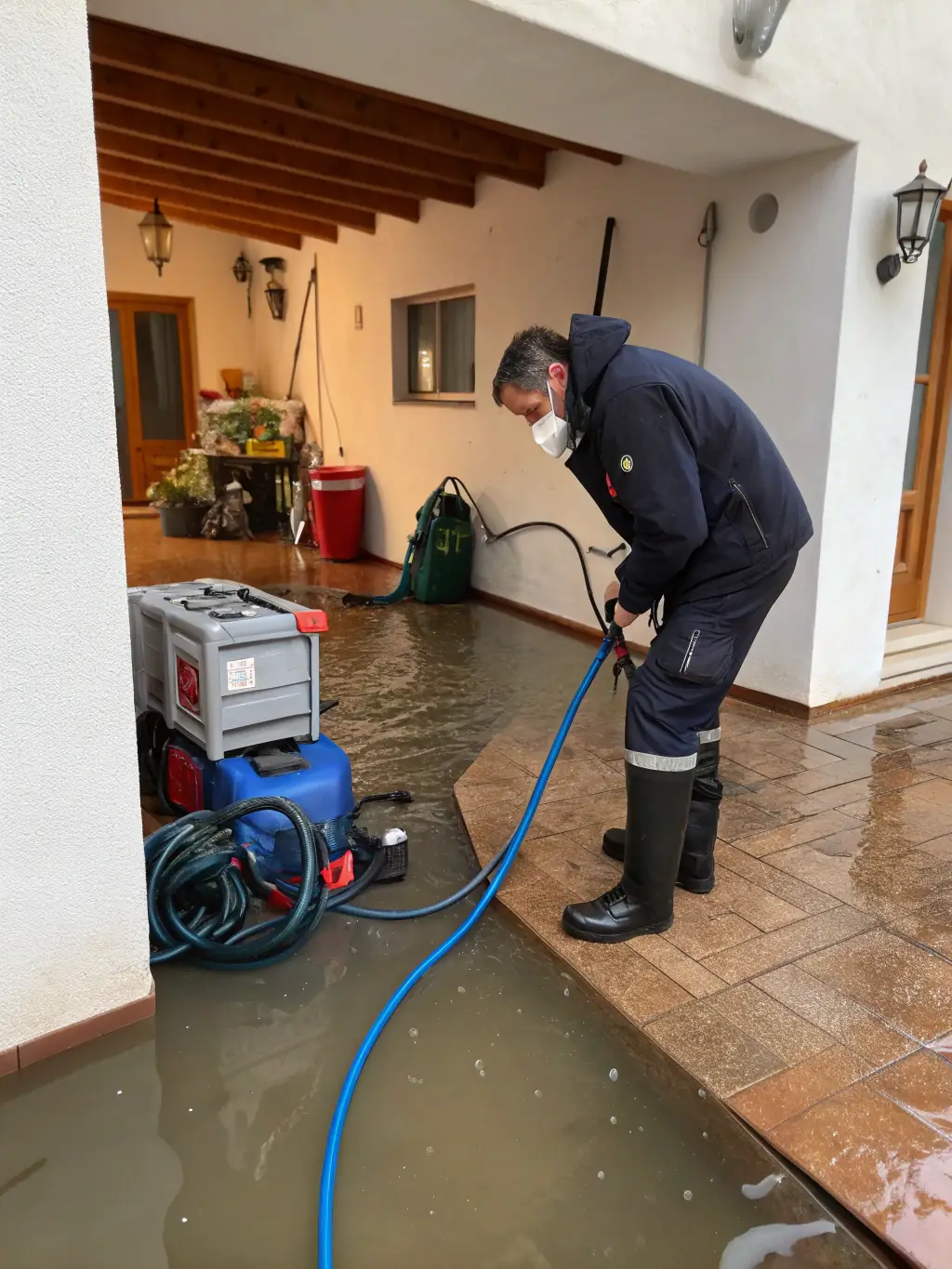 A flooded basement with a Hydrocurage360 technician operating a pump to remove the water. The scene shows the efficiency of the pumping and draining service.