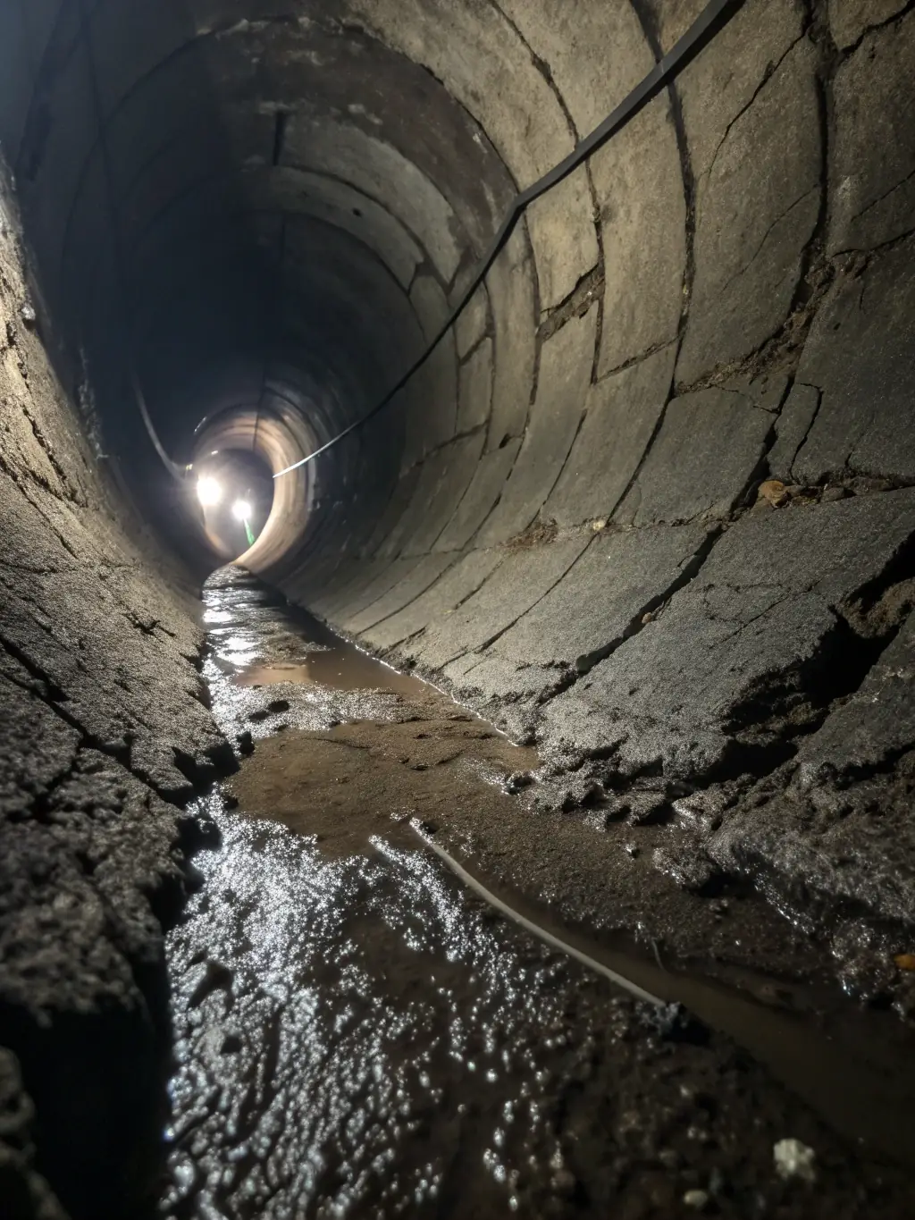 A close-up view of a high-definition camera inspecting the inside of a pipe, revealing a small crack. The image is clear and detailed, highlighting the precision of the inspection.